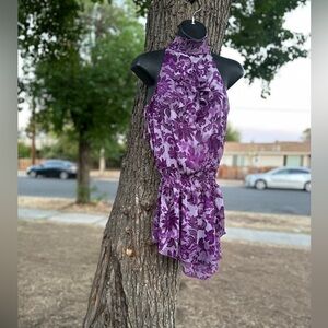 Max Y2K Purple Floral Halter Top Sheer Layered Ruffle Boho Festival Blouse